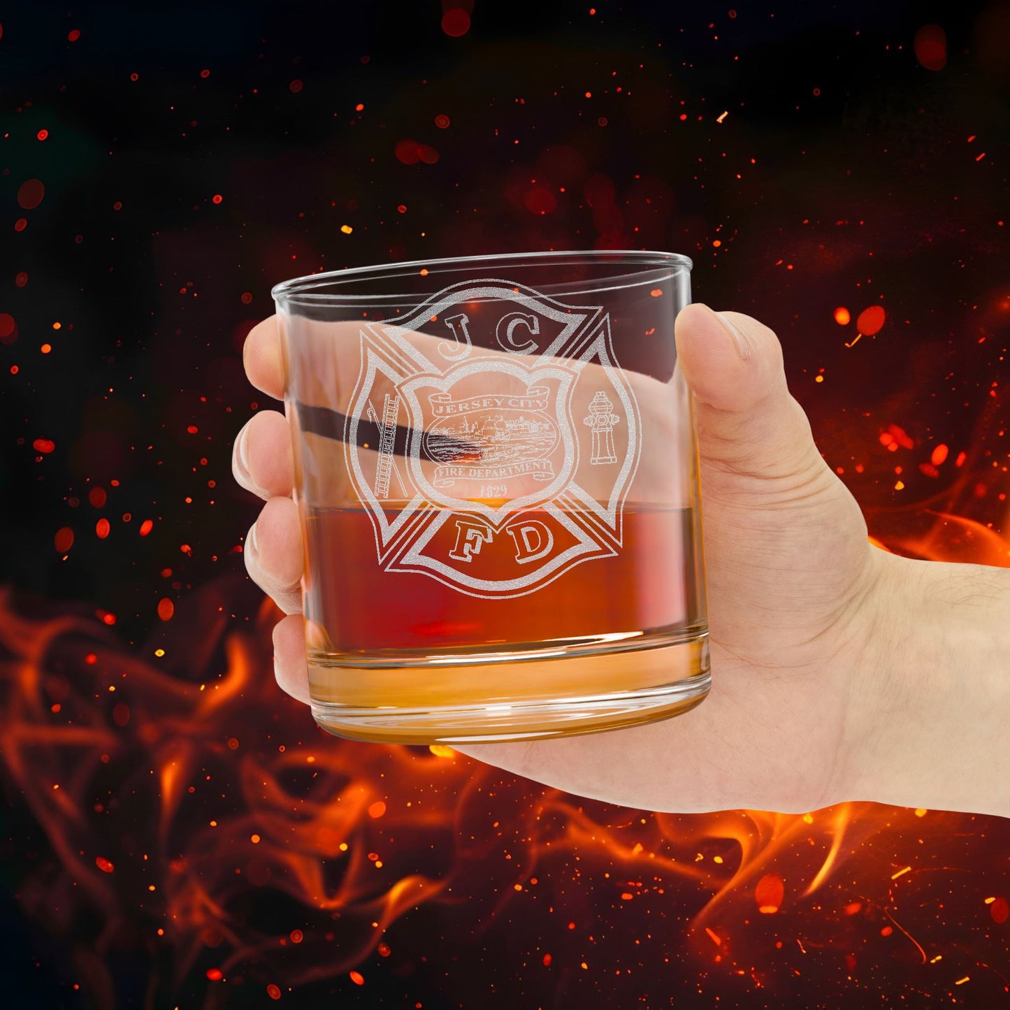 Engraved 10.5 oz Whiskey Glass — Jersey City FD Firefighter Malt Tumbler