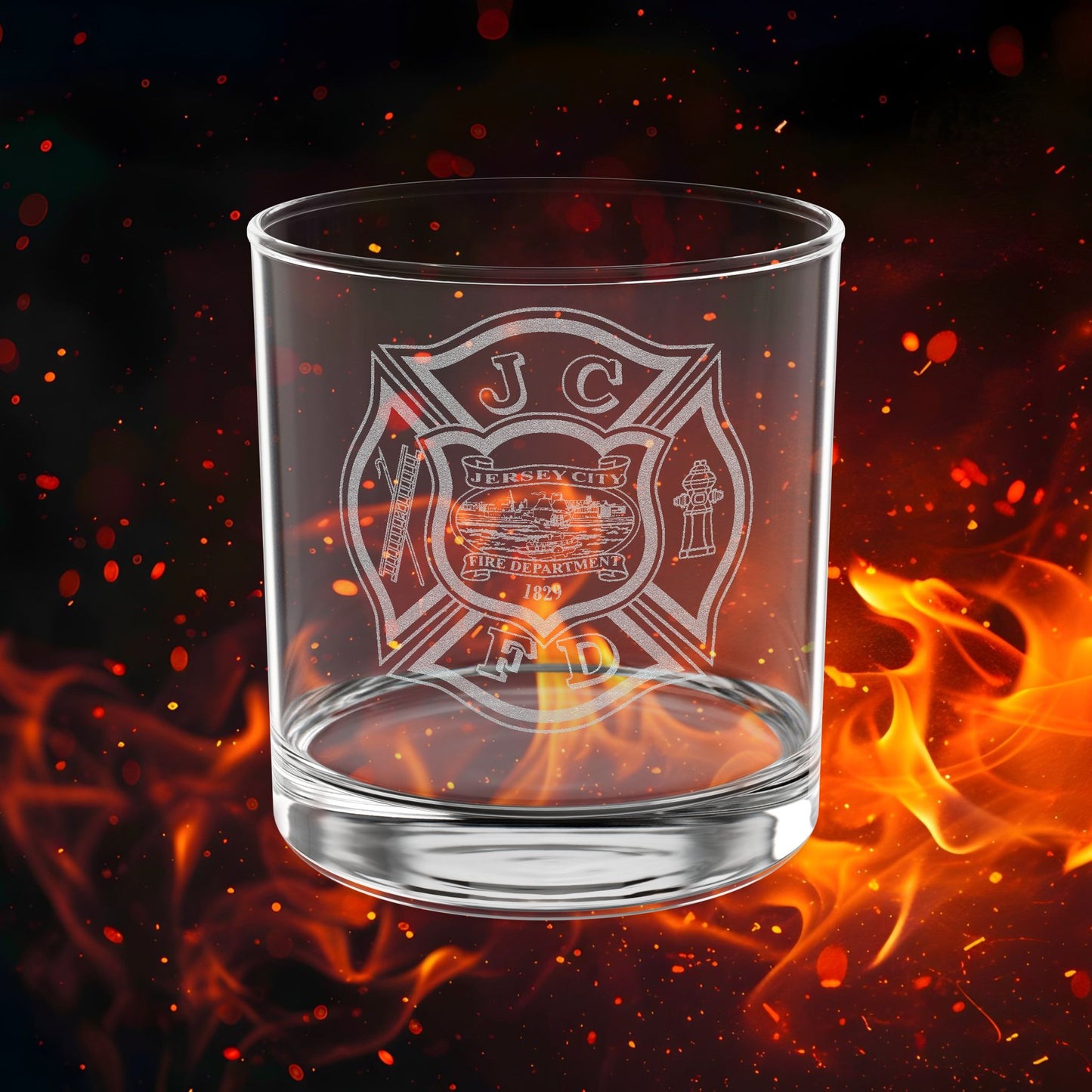 Engraved 10.5 oz Whiskey Glass — Jersey City FD Firefighter Malt Tumbler