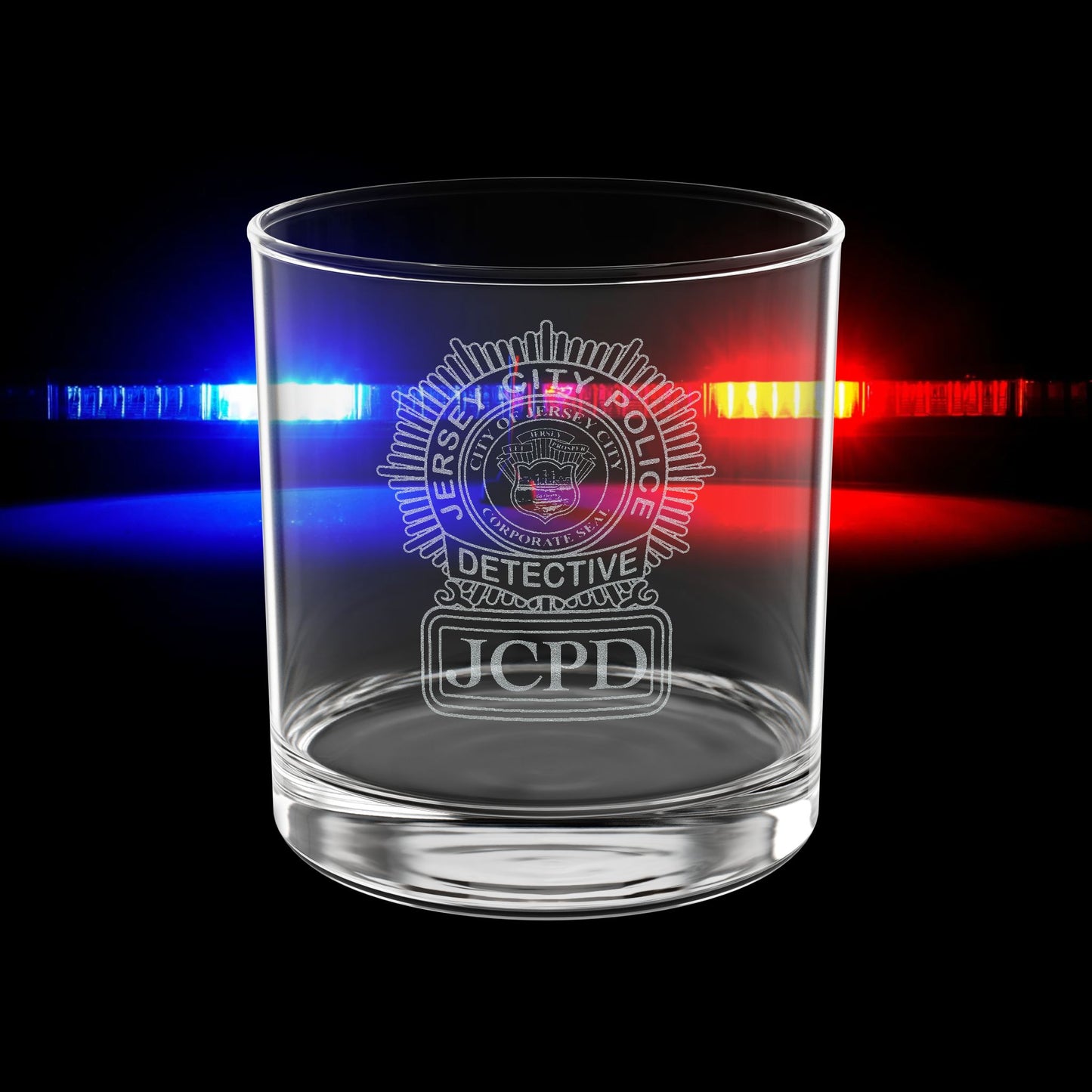 Engraved JCPD Detective Whiskey Glass — 10.5 oz Personalized Badge Rocks Glass