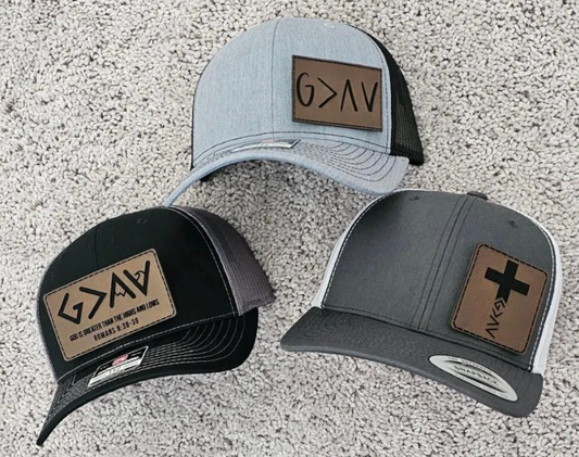God is greater than the highs and lows Leather Patch Hat, God Leather Patch Hat,  Leather Patch Hat, Trucker Hat
